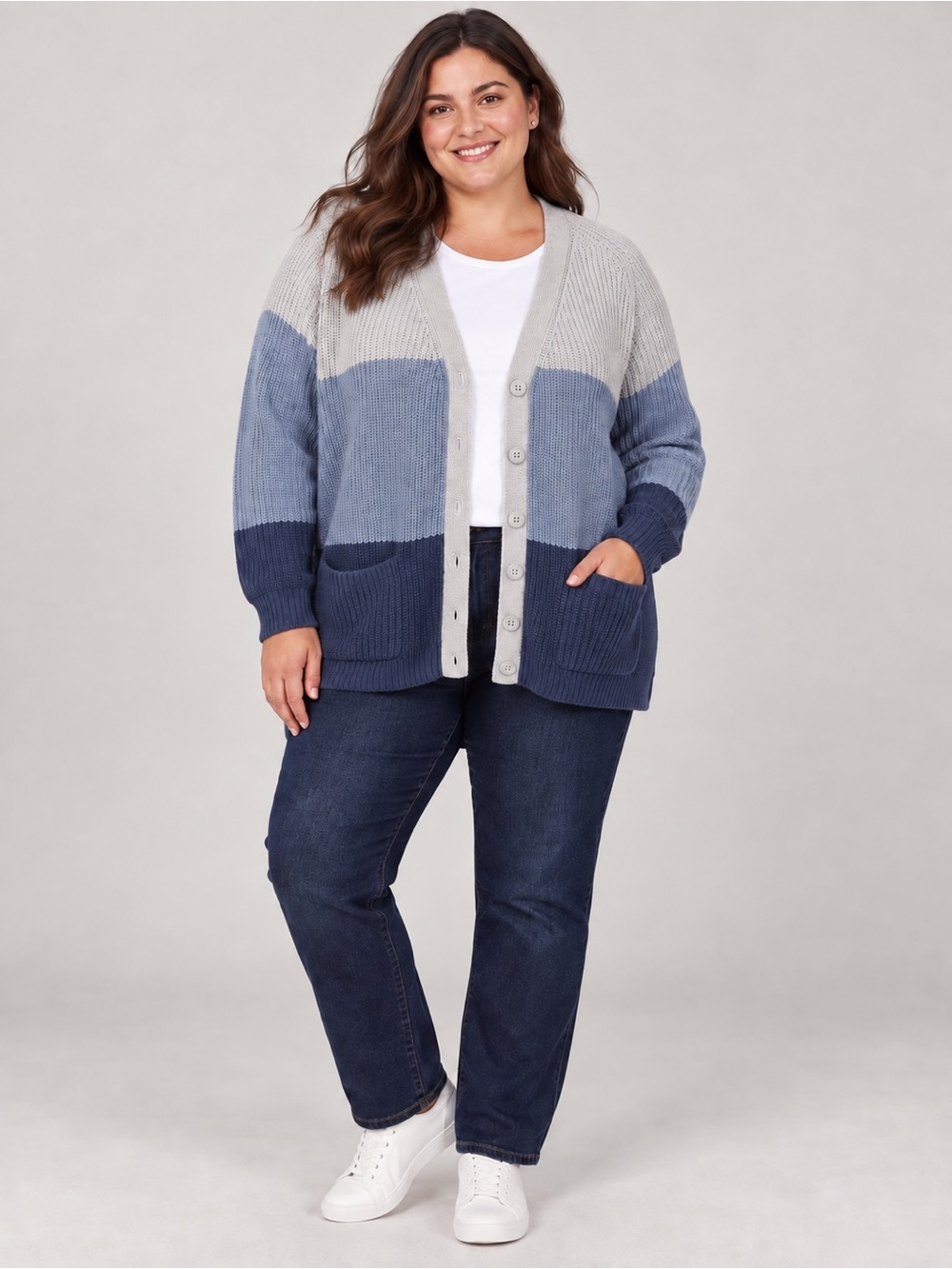 Halogen Colorblock Chunky Knit Cardigan Blue Gray 100% Cotton Size 2X